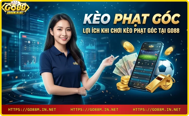 Giao diện Go88 hiển thị kèo phạt góc với chip vàng và màn hình thống kê, minh họa lợi ích khi chơi tại Go88