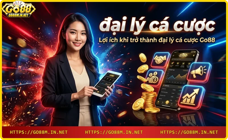 Lợi ích hoa hồng đại lý Go88 với đồng xu vàng và biểu đồ tăng trưởng